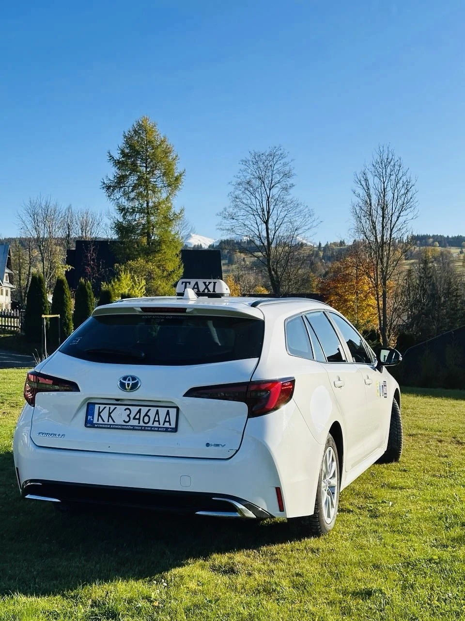 Белая Toyota Corolla с табличкой TAXI, вид сзади